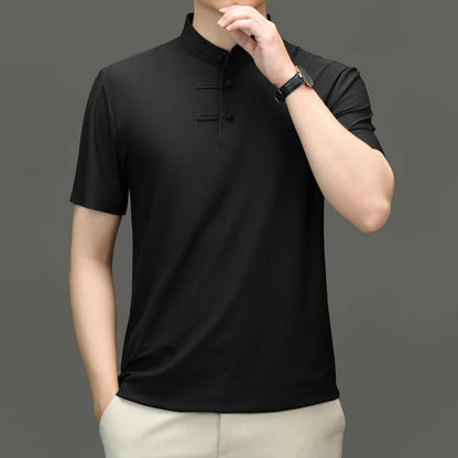 Herren T-Shirt im Chinesischen Stil mit Stehkragen und lässiger Passform