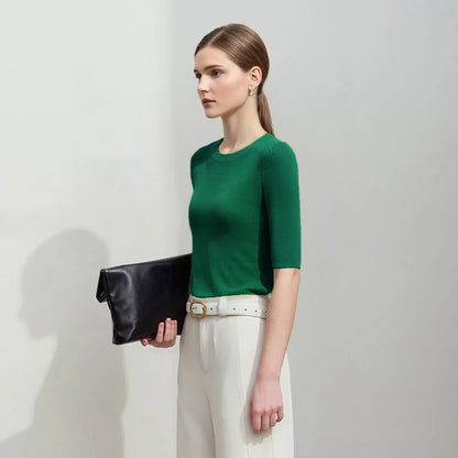 Damen-Rundhalspullover Baumwolle Slim Dreiviertelaärmel Büro Frühling