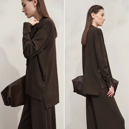 Damen-Strickjacke lang Seide-Wolle Umlegekragen locker Herbst