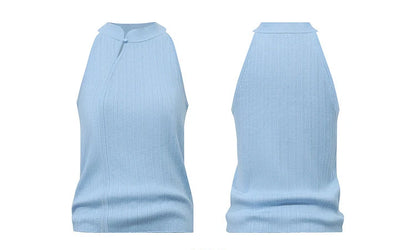 Hellblaues Stricktop, Vorder- und Rückansicht, ärmellos mit Stehkragen