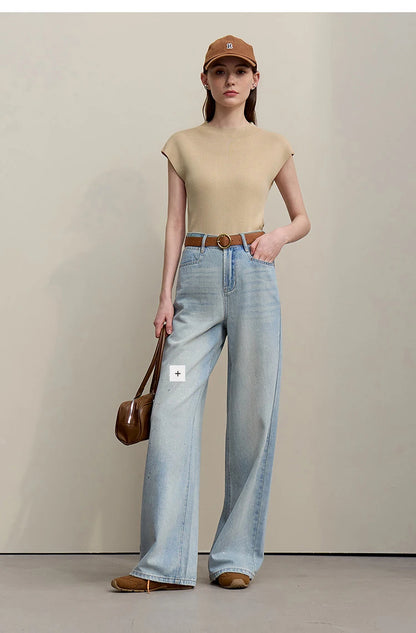 Damen Stricktop mit Stehkragen, Kurzarm und asymmetrischem Saum, beige, einfarbig