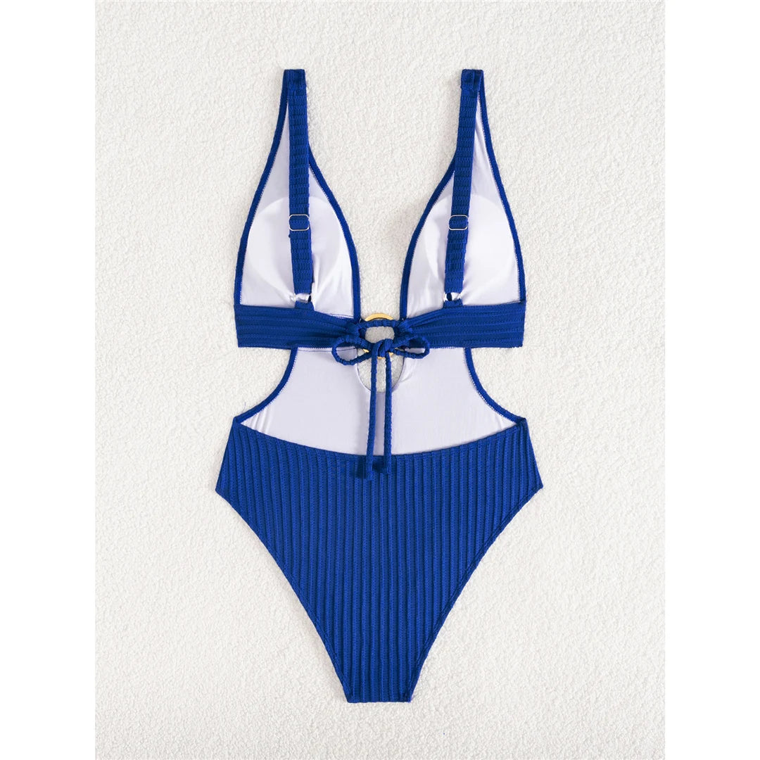 Damen Badeanzug tiefer V-Ausschnitt Cut-Out Monokini hoher Beinausschnitt 8 Farben