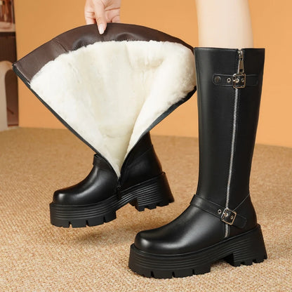 AIYUQI Women Winter Boots Genuine Leather 2025 New Natural Wool Warm Women Tenor Boots British Style Platform Women's Snow Boots