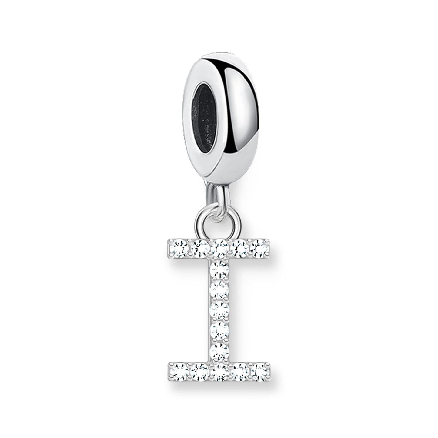 Buchstaben-Charm-Anhänger aus 925er Sterlingsilber mit Strassbuchstabe T und dunklem Stein oben.