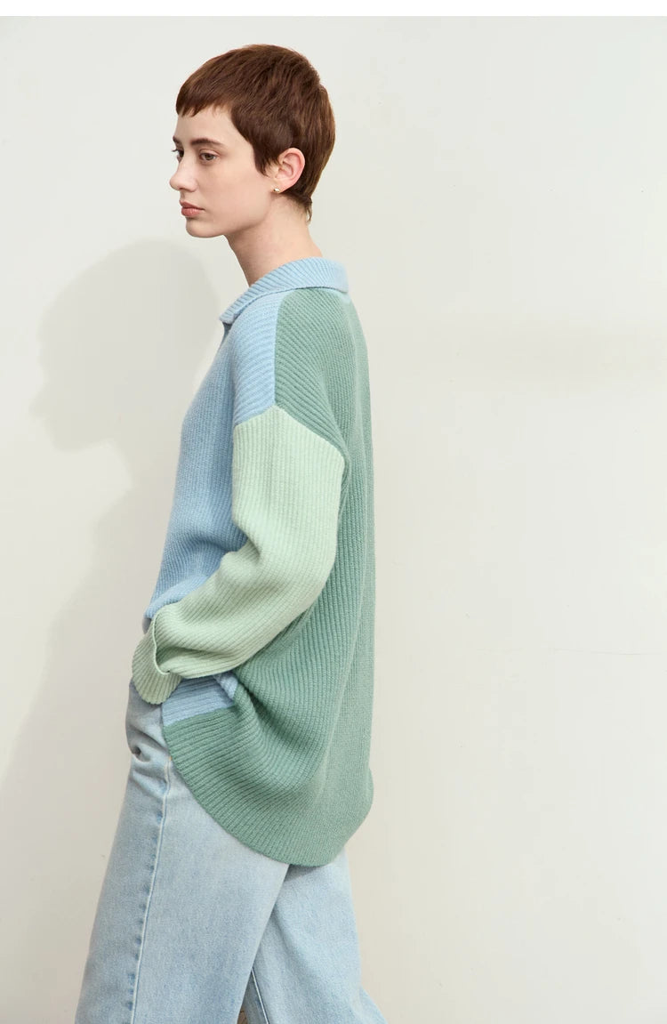 Damen V-Ausschnitt Pullover Patchwork Raglan locker Herbst-Winter