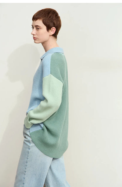 Damen V-Ausschnitt Pullover Patchwork Raglan locker Herbst-Winter