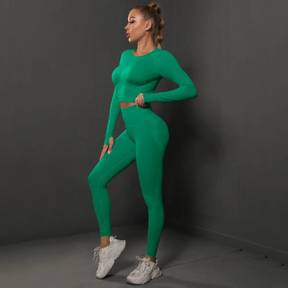 Nahtloses Yoga-Set mit Crop-Top und Leggings, smaragdgrün