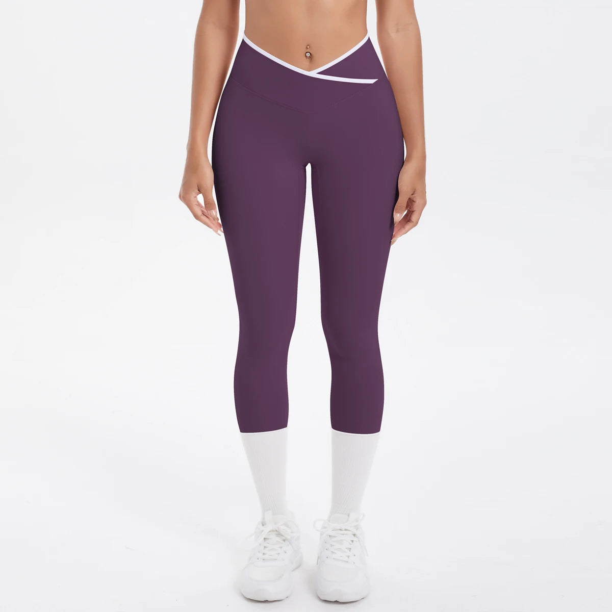 Damen Yoga-Leggings, hohe Taille, pflaumenfarben mit kontrastierendem Bund, 3/4-Länge