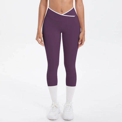 Damen Yoga-Leggings, hohe Taille, pflaumenfarben mit kontrastierendem Bund, 3/4-Länge