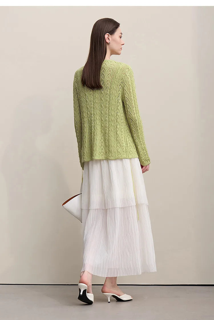 Damen-Strickjacke V-Ausschnitt Wolle Hohlstrick locker Langarm Frühling