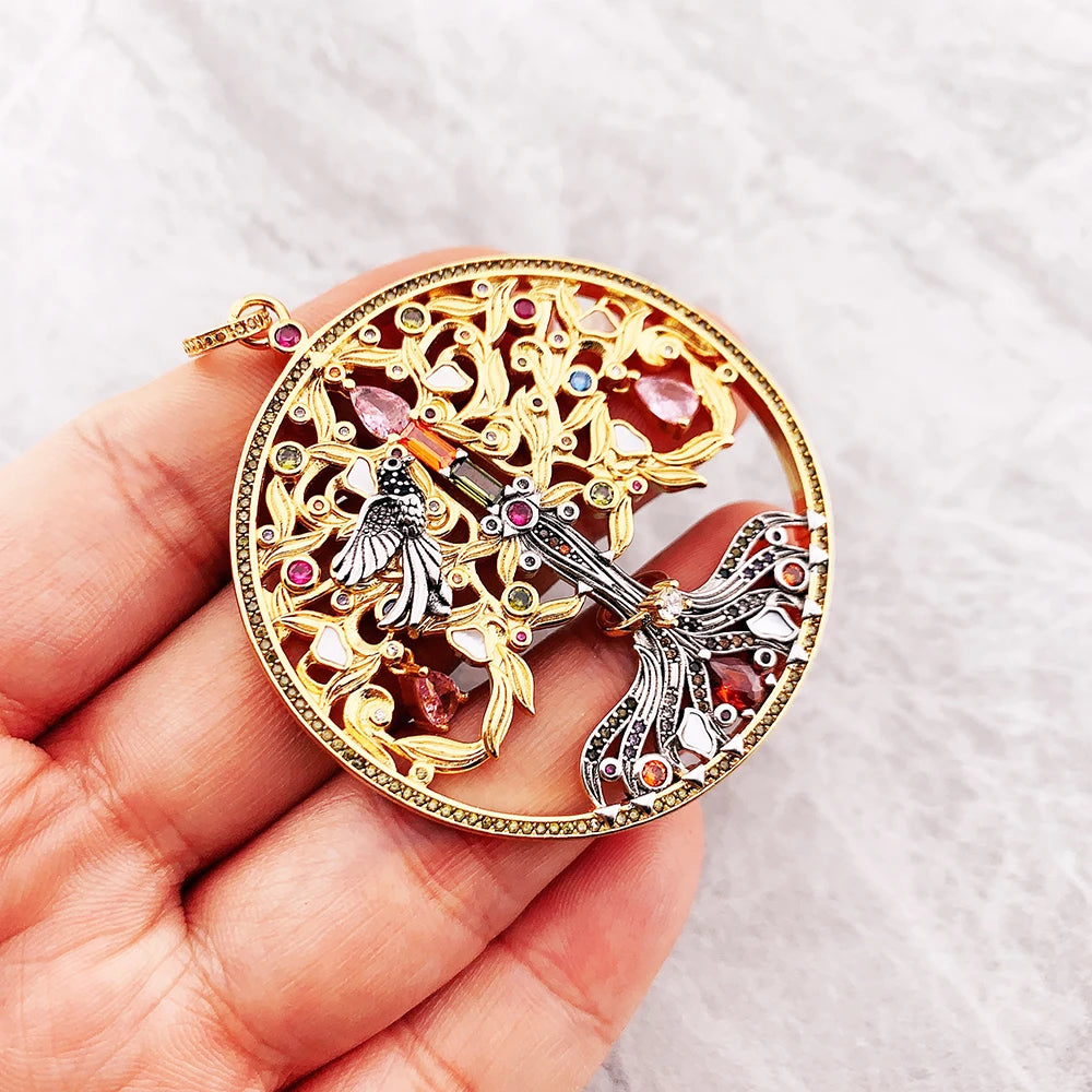 Damen-Charm-Anhänger Baum Rabe Vintage golden aus Sterlingsilber