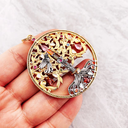 Damen-Charm-Anhänger Baum Rabe Vintage golden aus Sterlingsilber