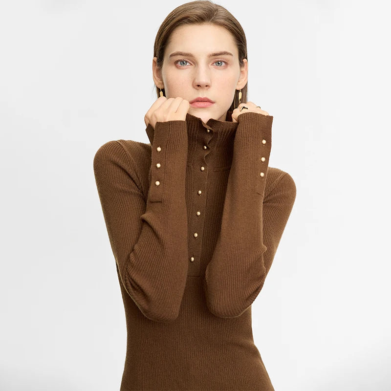 Damen-Strickjacke Rollkragen Knopfleiste Slim halboffene Front Herbst