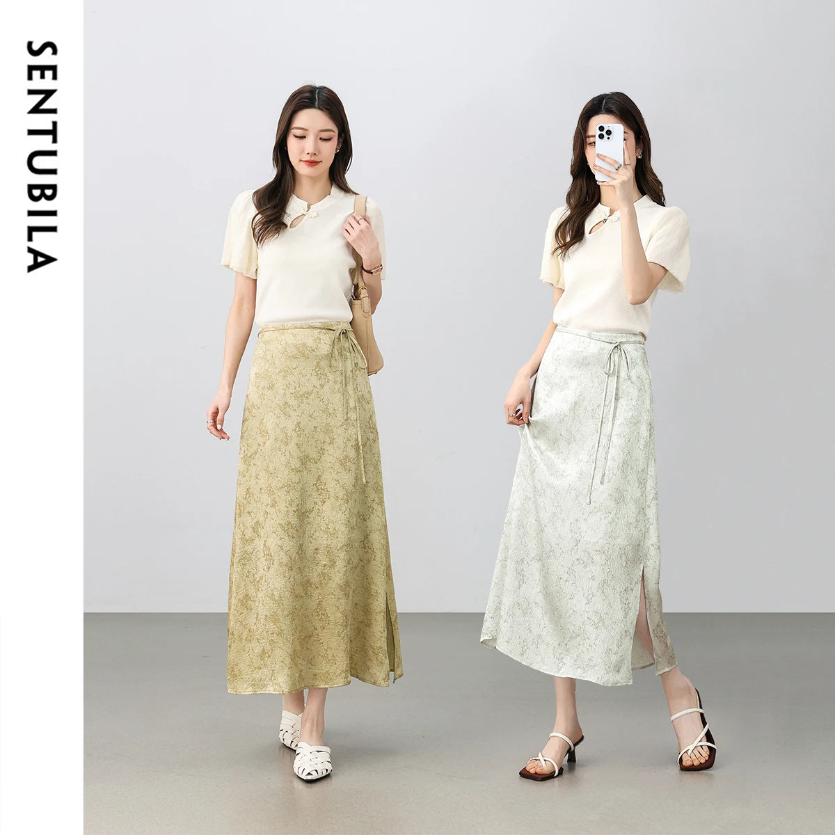 Damen Midi Rock im chinesischen Stil mit eleganter Schnürung und Schlitz