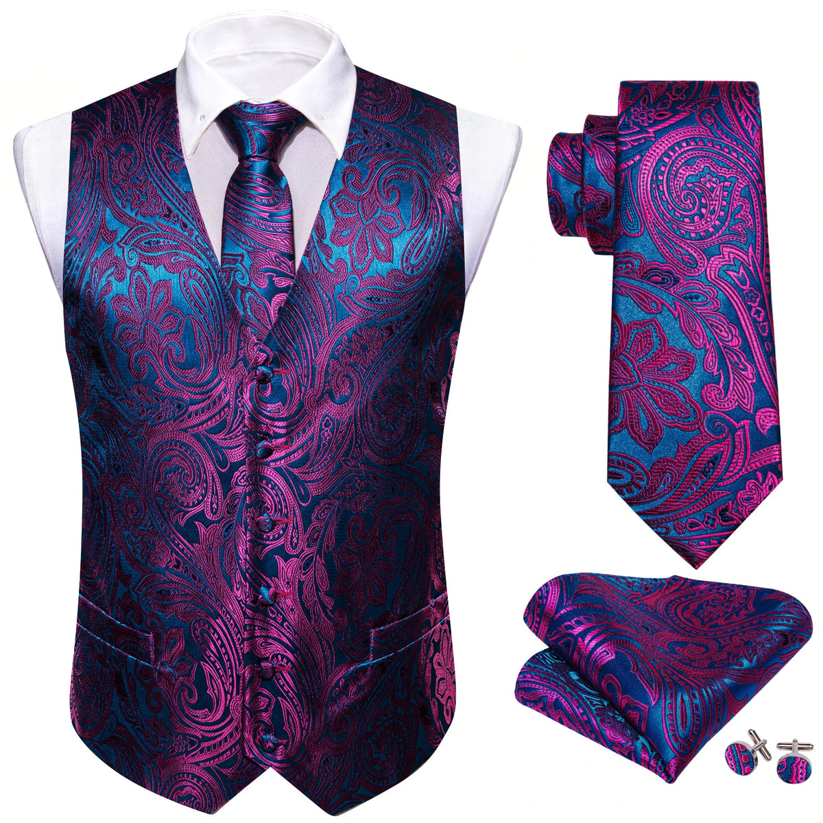Elegante Jacquard-Herrenweste in Blau mit pinkem Muster, dazu Krawatte, Einstecktuch und Knöpfe.