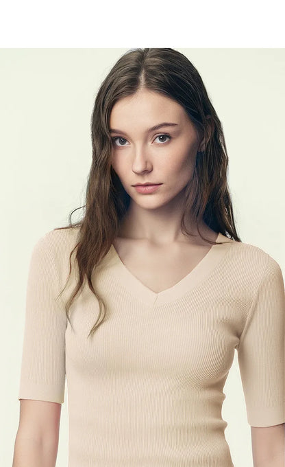 Damen V-Ausschnitt Pullover Viskose Halbarm Slim Büro Sommer