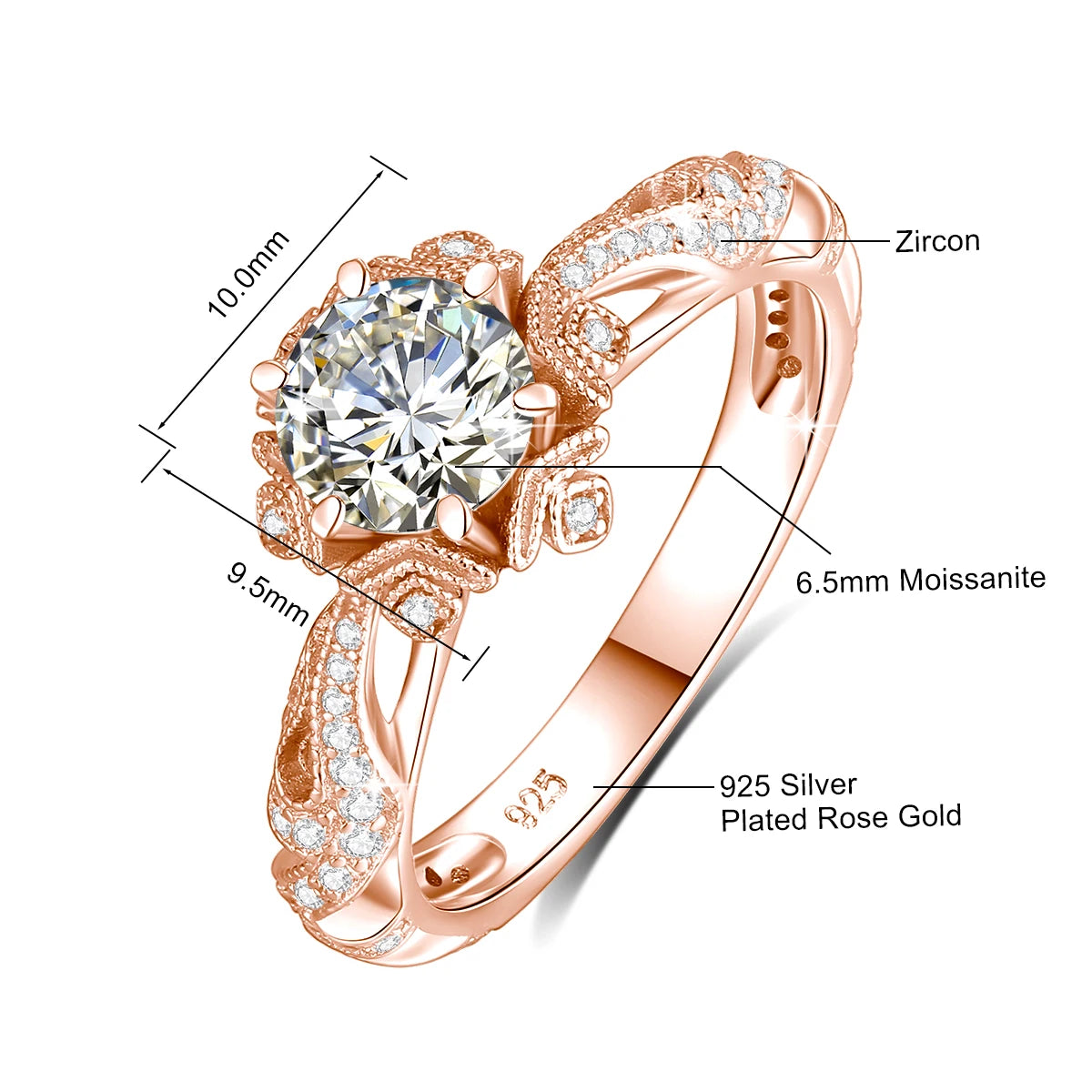 Damen-Halo-Verlobungsring im Viktorianischen Filigran-Design, 18K Goldplattiert Moissanit