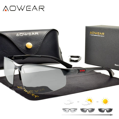 AOWEAR Photochrome polarisierte randlose Sonnenbrille für Herren, Tag und Nacht, Fahren, Chamäleon-Brille, Autofahrer, blendfreie Brille