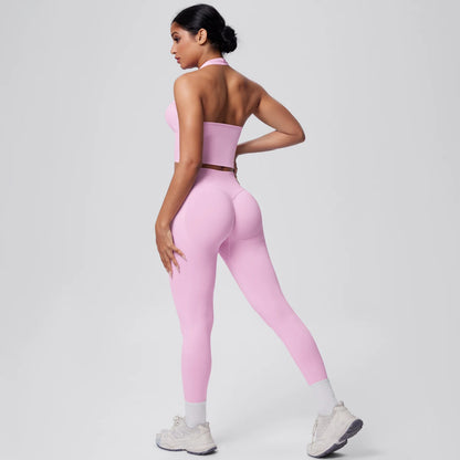 Yoga-Set für Frauen, Rückansicht: Sport-BH und Leggings, pfirsichrosa, kurze Nahtkanten.