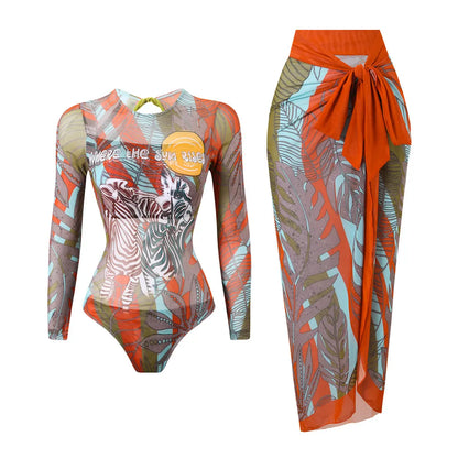 Damen-Badeanzug Blumen Langarm Sarong einteilig gepolstert