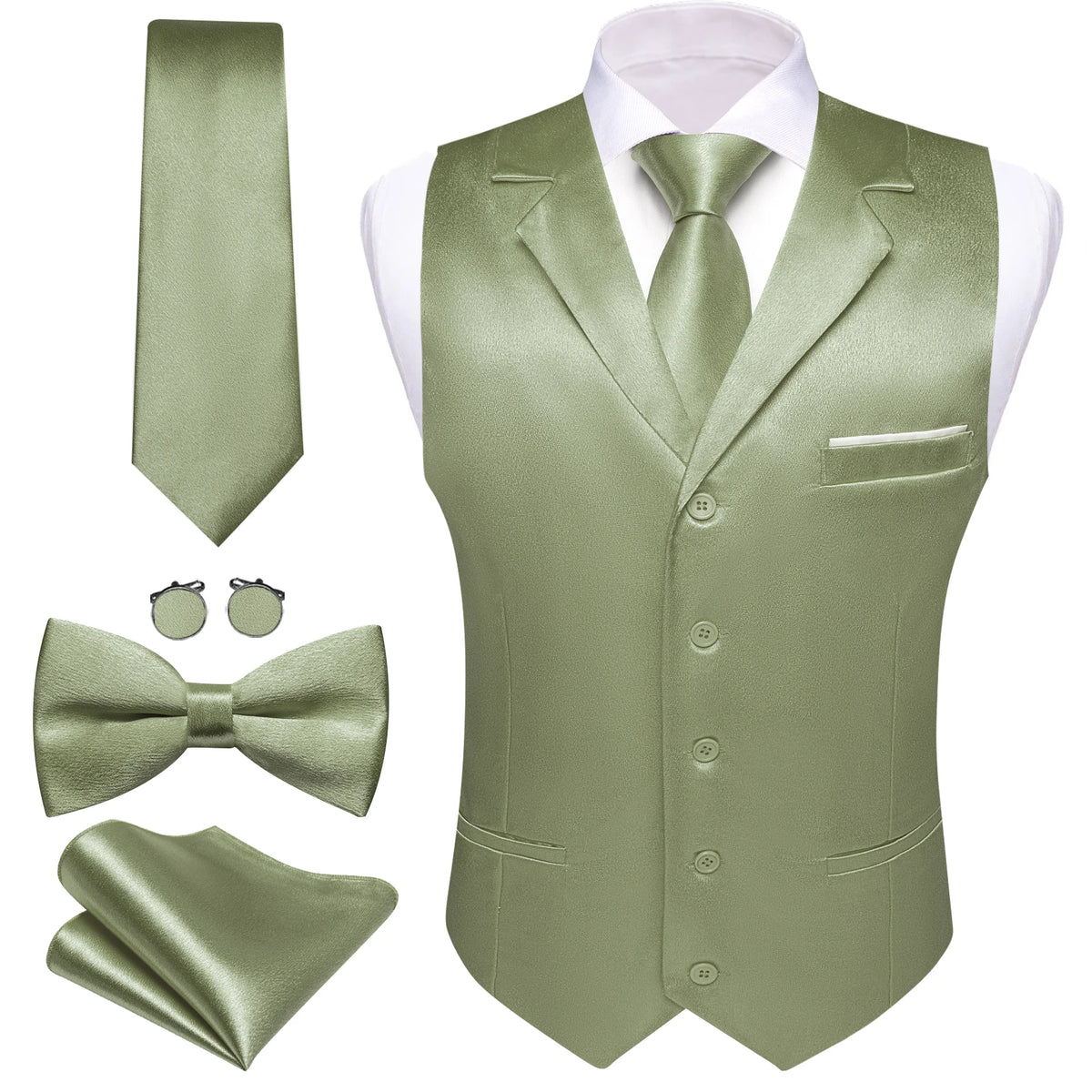 Elegantes Herren Anzugweste-Set in Olivgrün mit Krawatte, Fliege, Einstecktuch
