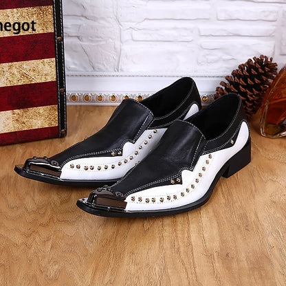 Gold Rivets Mixed Color Leather Men Shoes Pointed Toe Breathable Shoes Men Casual Shoes High Heels Personalized Men's Shoes
