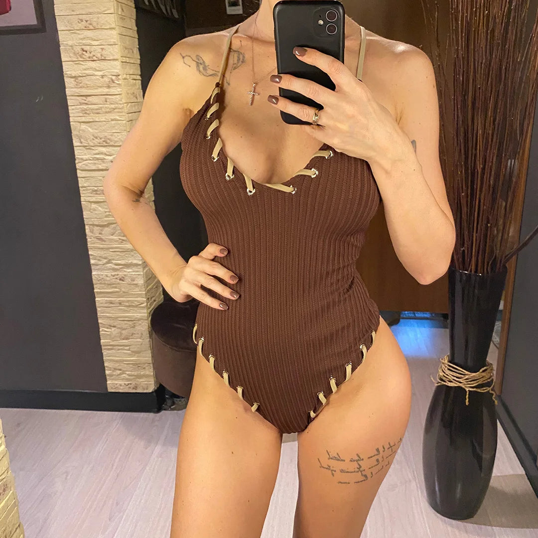 Damen Badeanzug V-Ausschnitt Rippen Kreuzrücken hoher Beinausschnitt Monokini 5 Farben