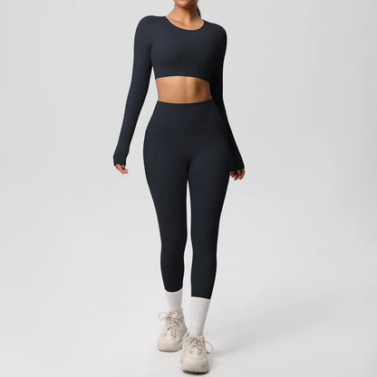 Hamidou Yoga-Set: schwarzes Sport-BH-Top mit Leggings, lange Ärmel, weißer Beinabschluss