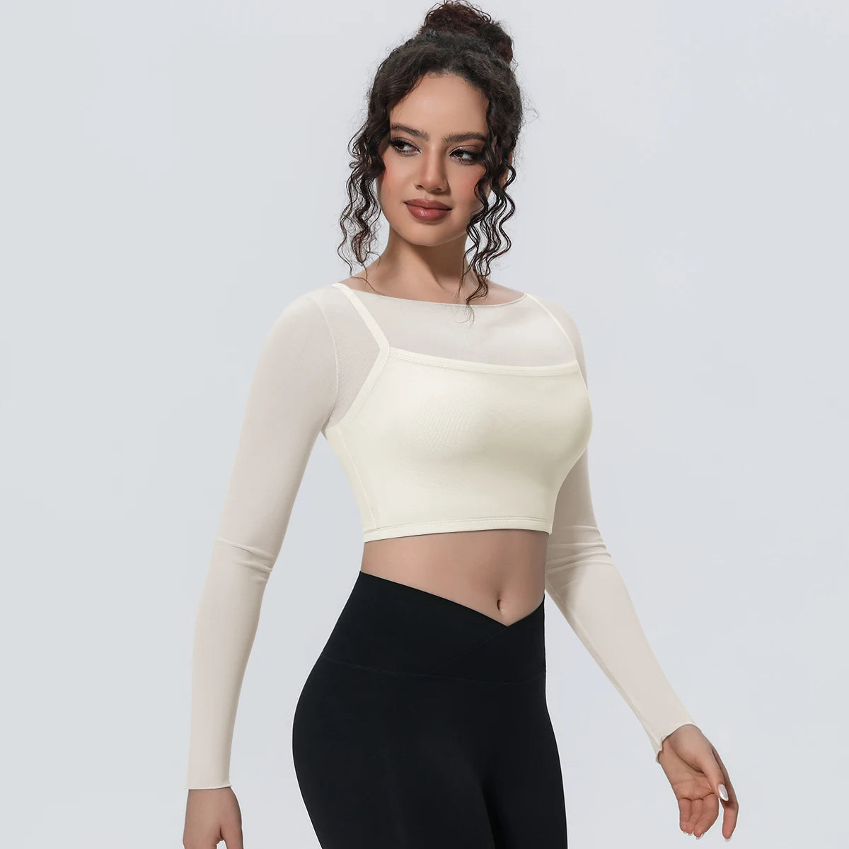 Damen Langarm-Yoga-Shirt cremefarben, figurbetontes Crop mit rundem Halsausschnitt und Mesh-Panel