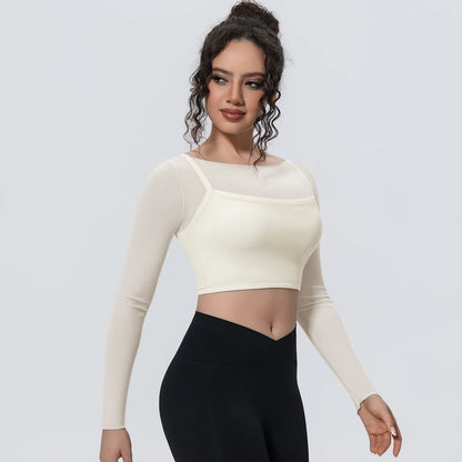 Damen Langarm-Yoga-Shirt cremefarben, figurbetontes Crop mit rundem Halsausschnitt und Mesh-Panel