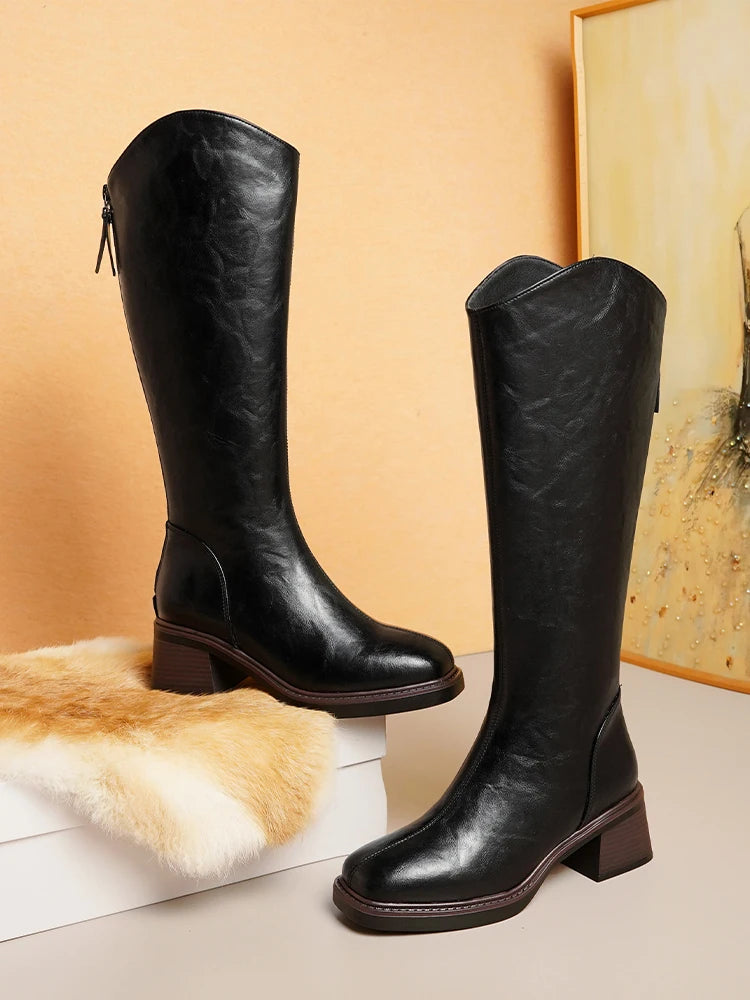 Women Winter Boots Genuine Leather Natural Wool Warm Female Knight Boots Square Toe Back Zipper Western Cowboy Boots Women