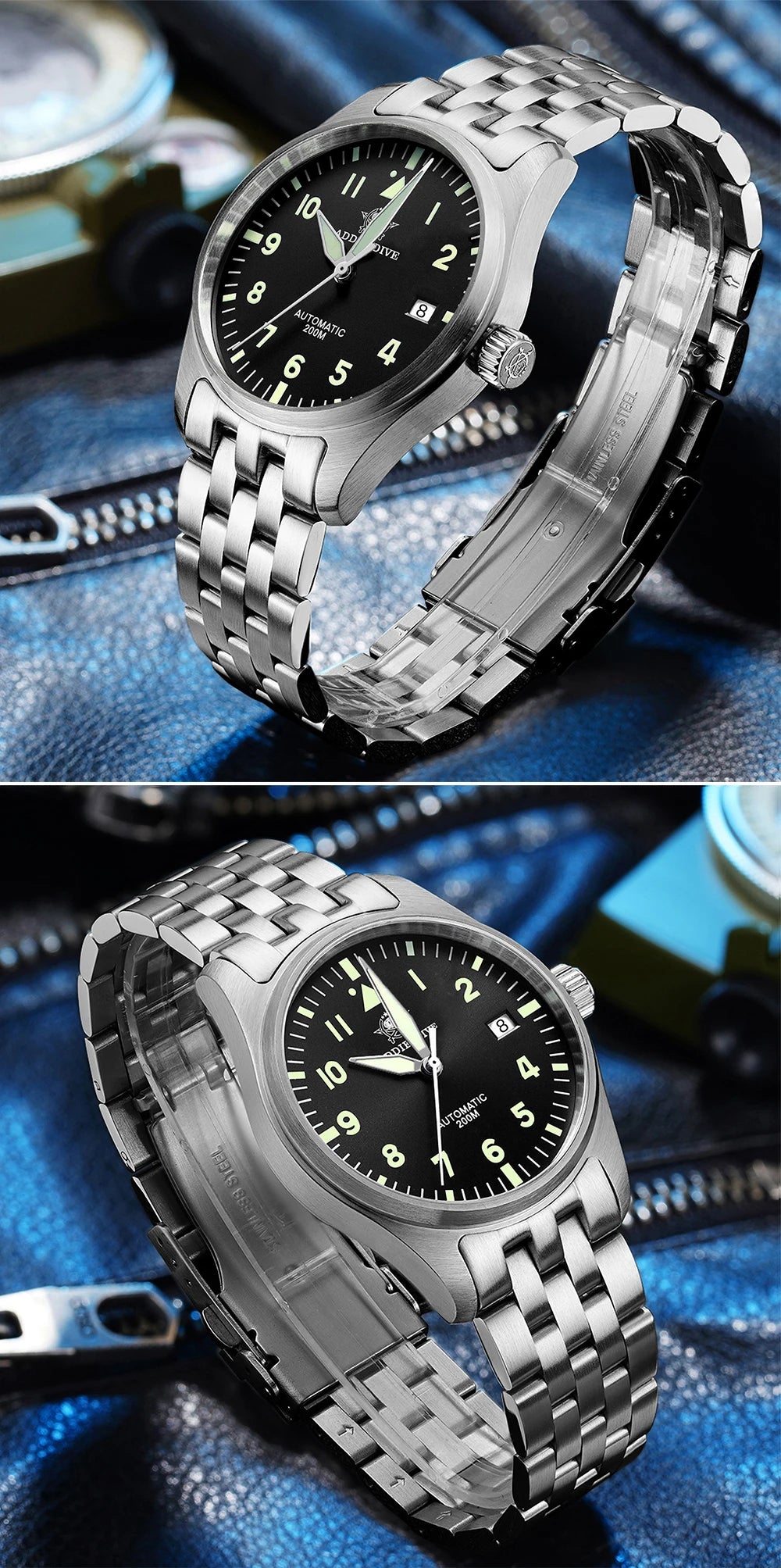 Herren Automatik-Taucheruhr 200m wasserdicht C3 Leuchtzeiger mechanisch