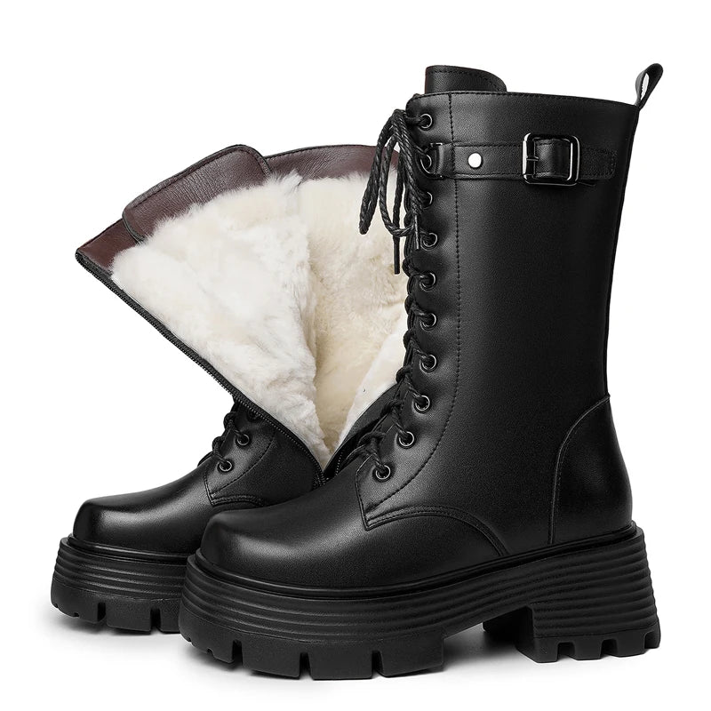 AIYUQI Women's Winter Shoes 2025 New Genuine Leather Women's Biker Boots Large Size 41 42 43 Warm Platform Women's Snow Boots
