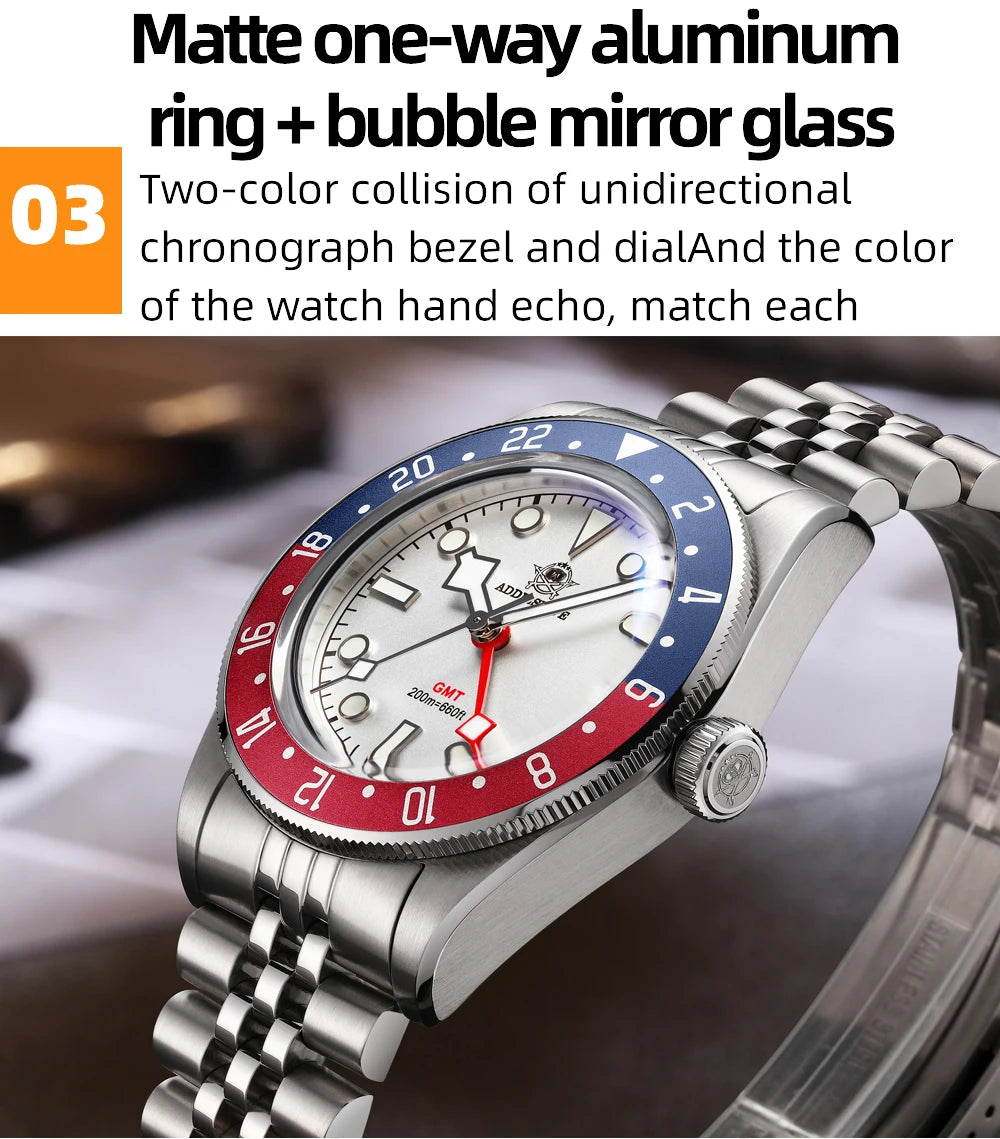 GMT Herren-Taucheruhr Quarz 200m wasserdicht Bubble-Glas BGW9 Leuchtzeiger AD2044