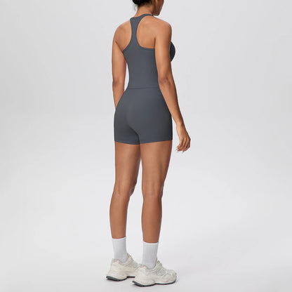 Damen Yoga-Set ohne Rücken, ärmellose Weste mit High-Waist-Shorts, graphitgrau