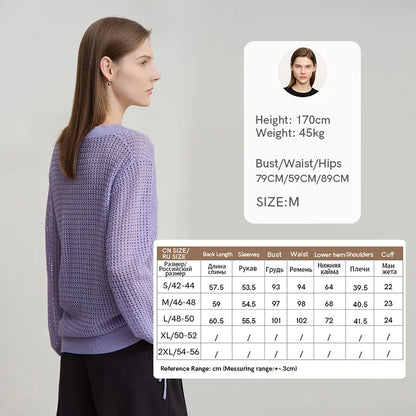 Lässiger Strickpullover mit V-Ausschnitt, offene Maschen, lange Ärmel, lila
