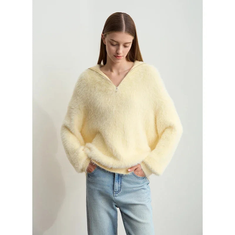 Damen-Rollkragenpullover Nerz-Imitat Reißverschluss locker dick Winter