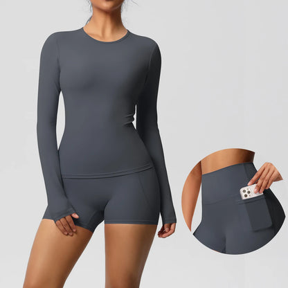 Damen-Yoga-Set mit langarmigem Oberteil und Shorts, anthrazit
