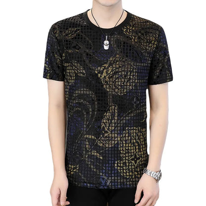 Herren Rundhals-T-Shirt aus leichtem Luxus-Samt mit floralem Druck für Freizeit und Business