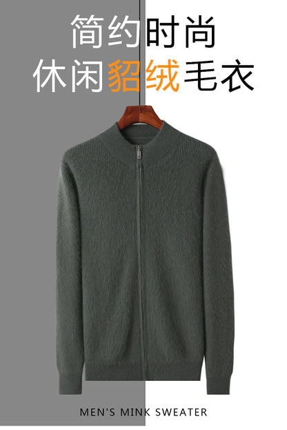Pullover aus 100 % reinem Nerz-Kaschmir für Herren, Stehkragen, verdickte Strickjacke, Herbst/Winter, warm, lässig, gestrickt, große Oberteile mit Reißverschluss