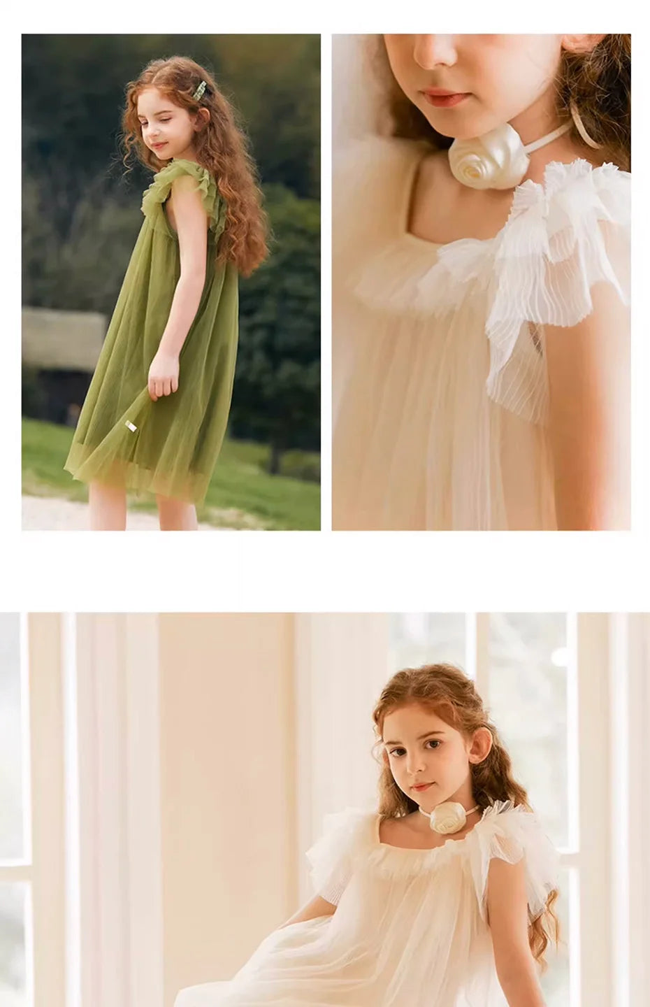 Beiges Sommerkleid für Mädchen im französischen Prinzessinnenstil mit kurzen Ärmeln – ideal für Geburtstagsfeiern und Hochzeiten, geeignet für Kinder von 110 cm bis 170 cm