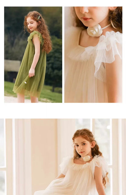Beiges Sommerkleid für Mädchen im französischen Prinzessinnenstil mit kurzen Ärmeln – ideal für Geburtstagsfeiern und Hochzeiten, geeignet für Kinder von 110 cm bis 170 cm