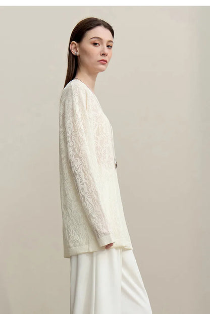 Damen-Rundhalspullover Jacquard Raglan locker lang Lyocell Frühling