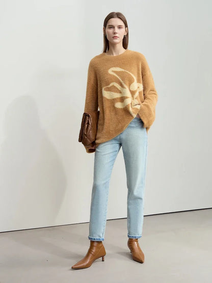 Damen-Jacquardpullover braun mit floralen Jacquardmuster, lange Ärmel