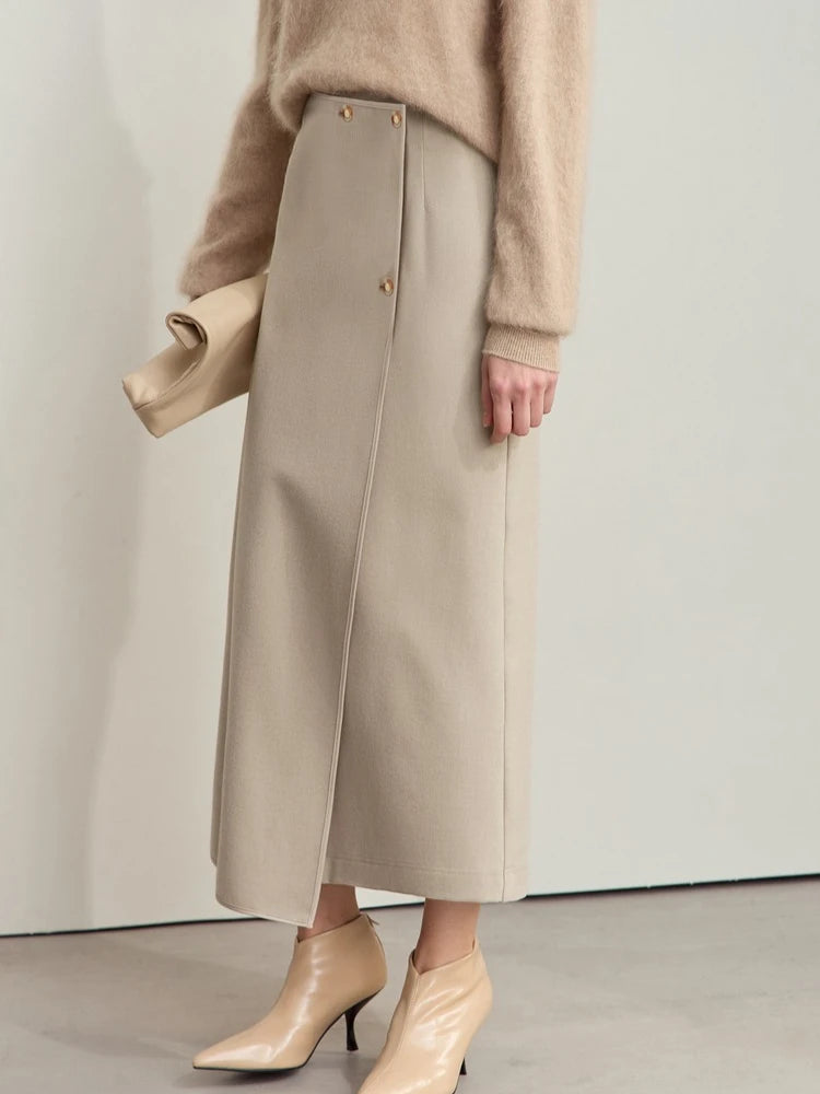 Damen-Wollrock khaki mit Knopfleiste vorn und seitlichem Schlitz, Detailansicht