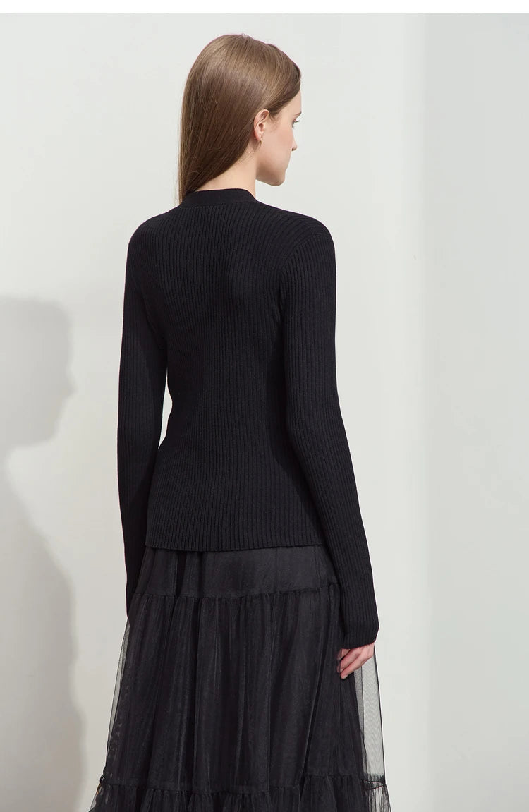 Damen V-Ausschnitt Pullover plissiert Muschelschnalle Wolle Herbst