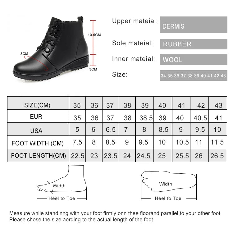 Schwarze Winter-Stiefelette mit Größen- und Passformangaben, Profilsohle