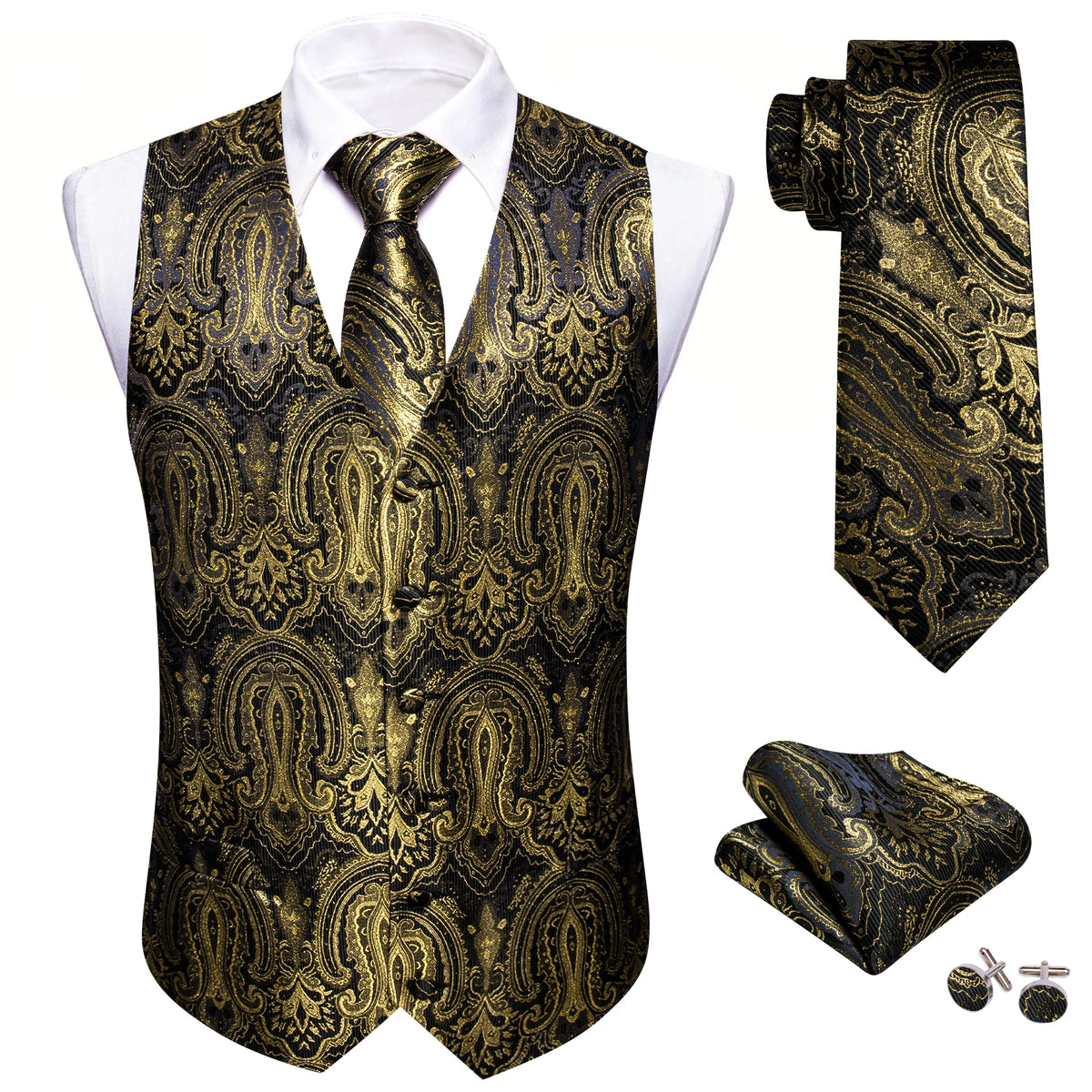 Elegante Herrenweste mit Jacquard-Blumen, dazu Krawatte im Gold-Schwarz-Look