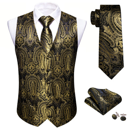 Elegante Herrenweste mit Jacquard-Blumen, dazu Krawatte im Gold-Schwarz-Look