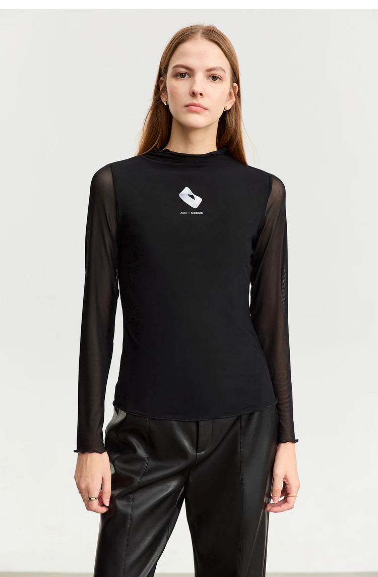 Damen T-Shirt aus gedrucktem Mesh mit slim-fit Halb Stehkragen